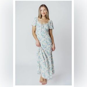 ASTR Madeline Puffed Sleeve Dress With Slit in Pastel Purple Mint Floral- Size S